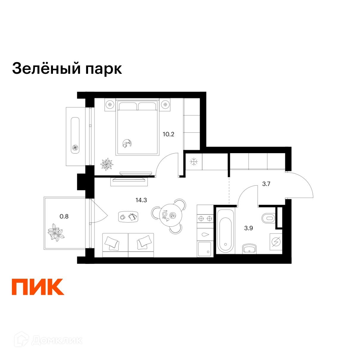 Планировка 1-комн. в ЖК «Зелёный парк»