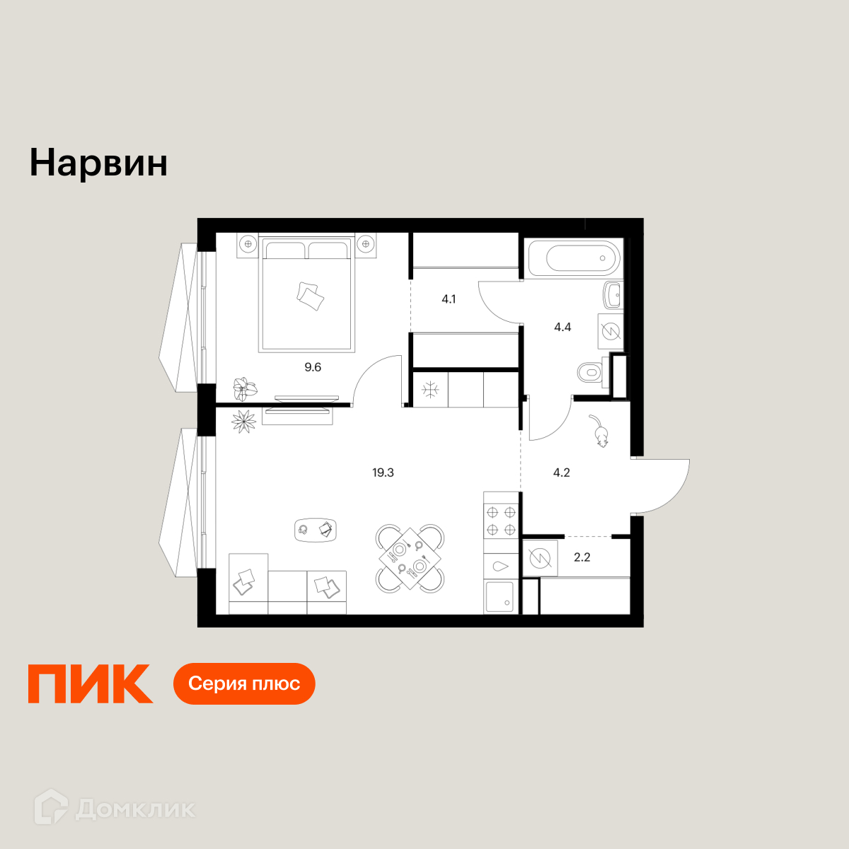 Планировка 1-комн. в ЖК «Нарвин»