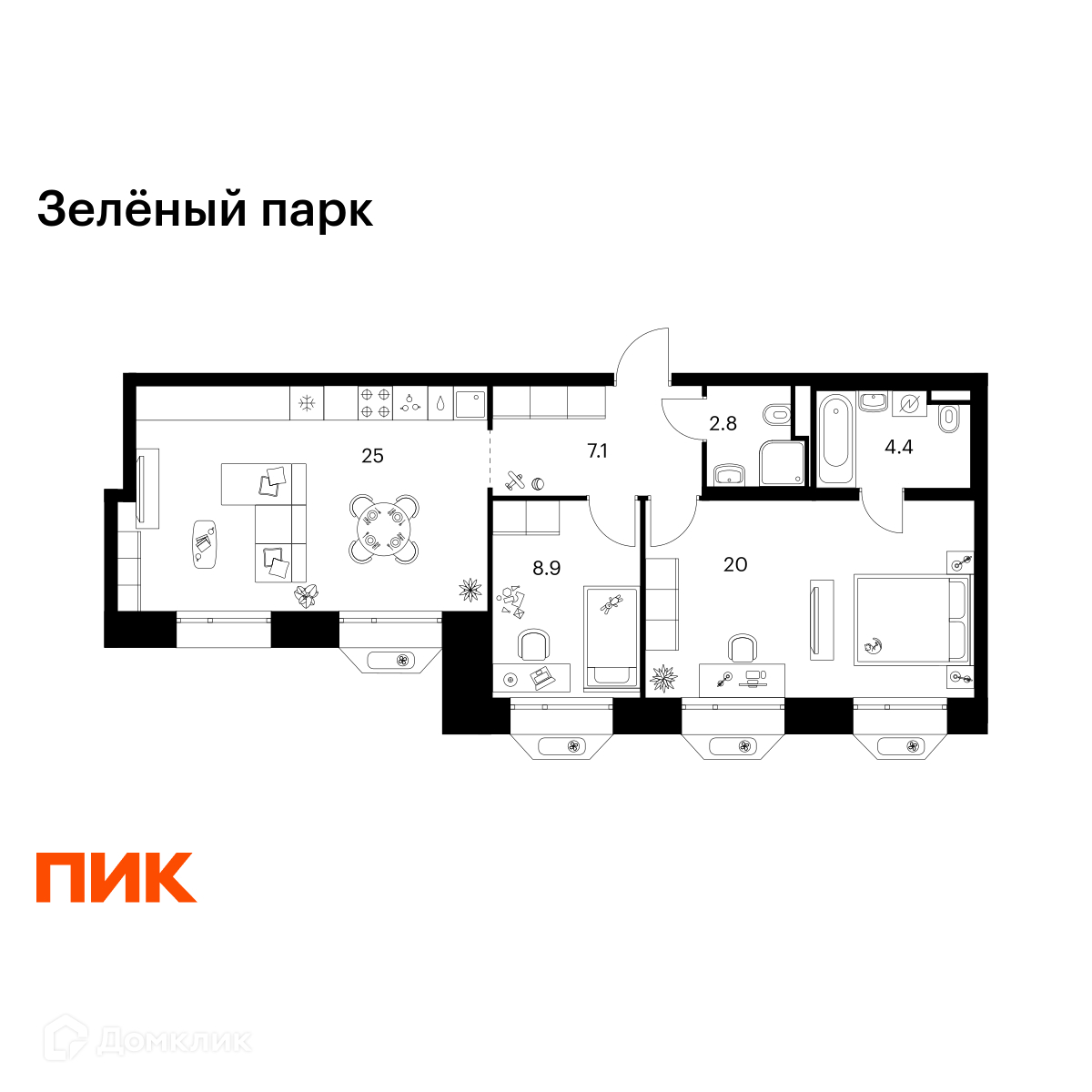 Планировка 2-комн. в ЖК «Зелёный парк»