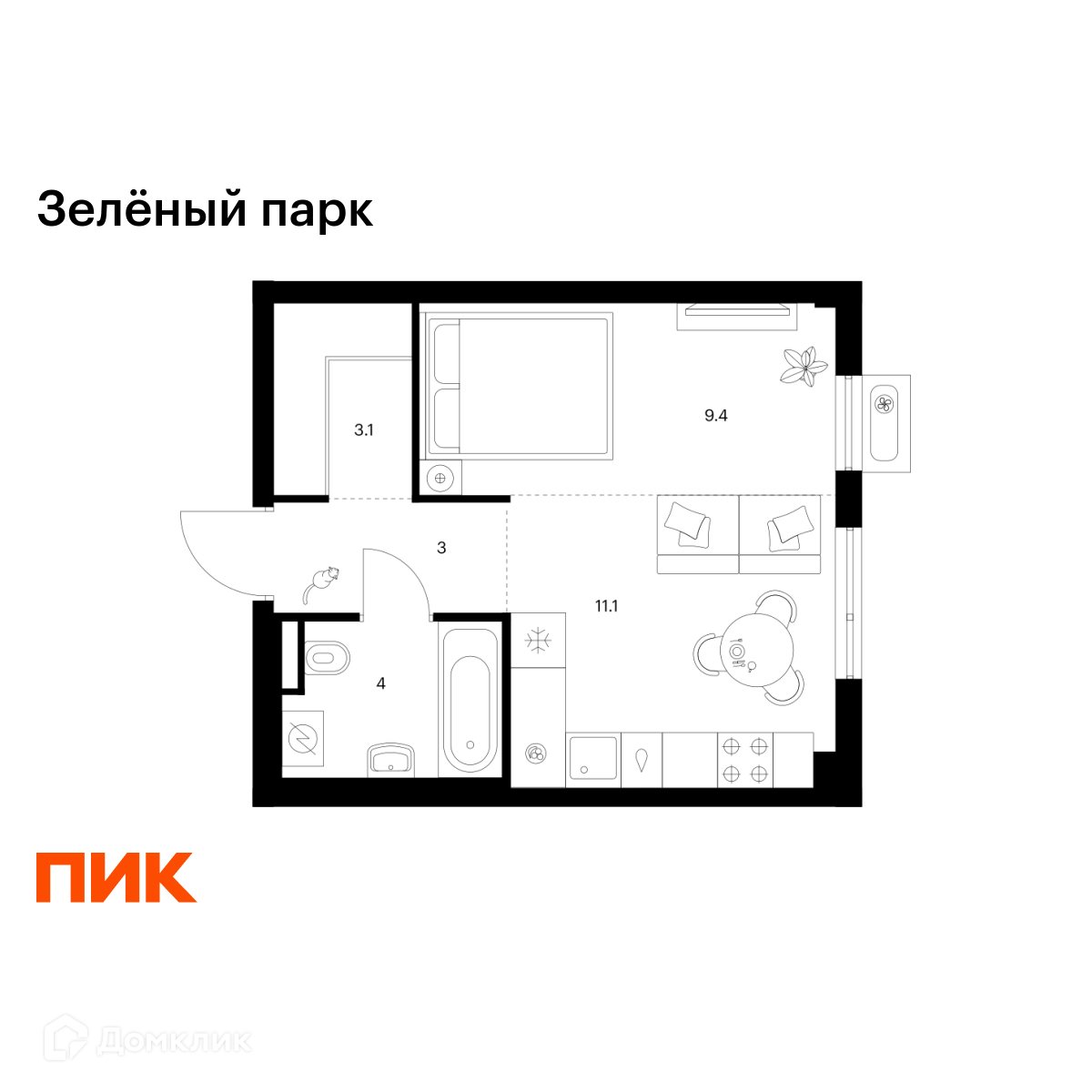 Планировка 1-комн. в ЖК «Зелёный парк»