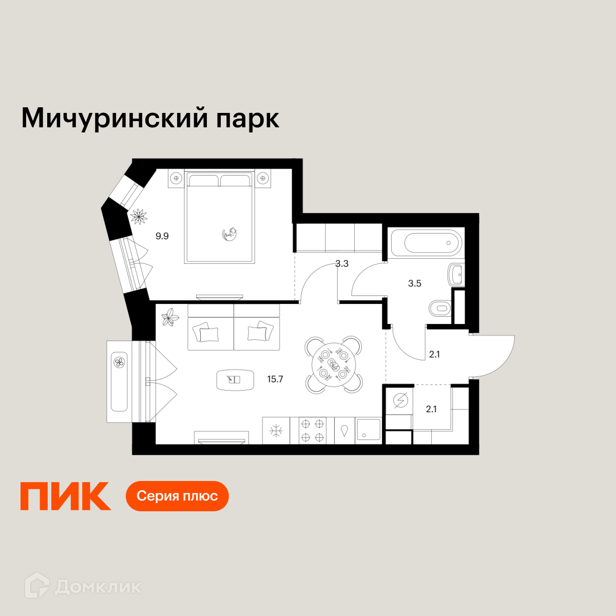 Планировка 1-комн. в ЖК «Мичуринский парк»