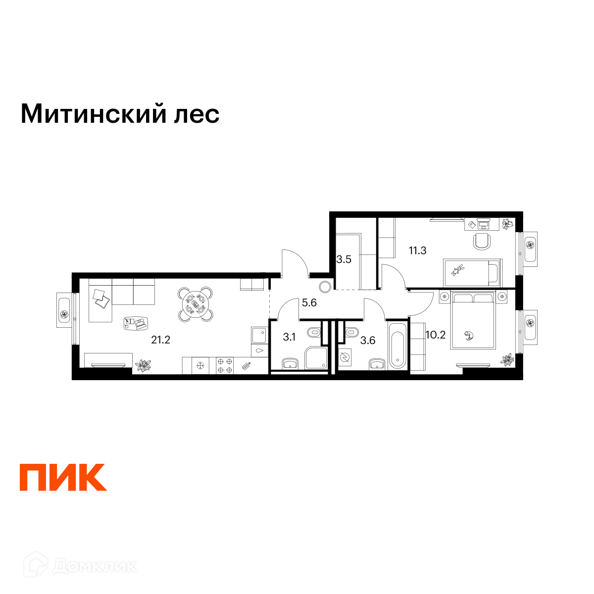 Планировка 2-комн. в ЖК «Митинский лес»