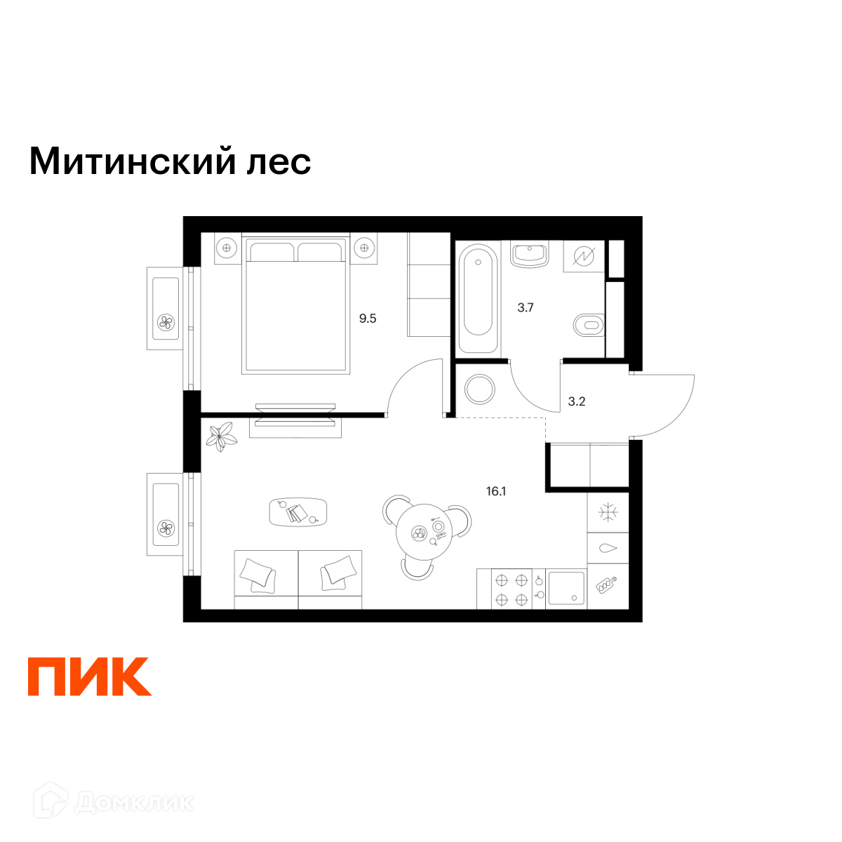 Планировка 1-комн. в ЖК «Митинский лес»