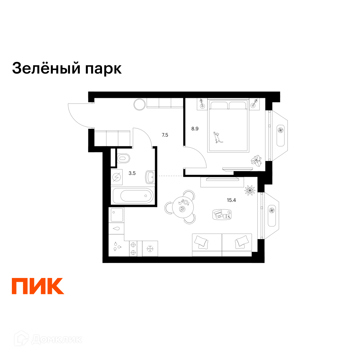 Планировка 1-комн. в ЖК «Зелёный парк»