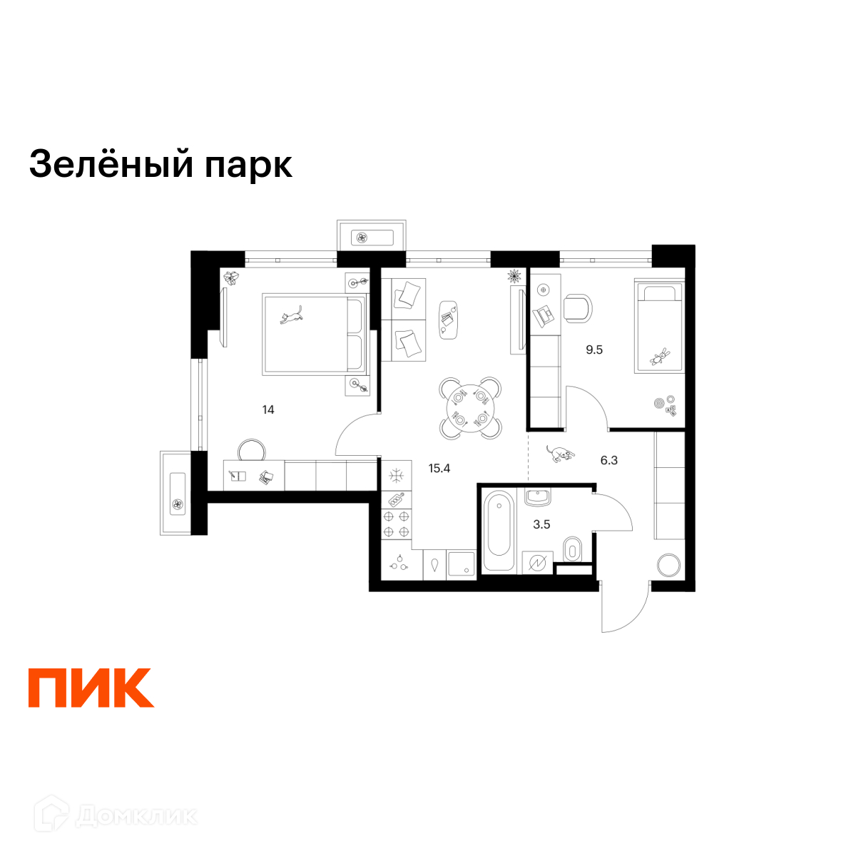 Планировка 2-комн. в ЖК «Зелёный парк»