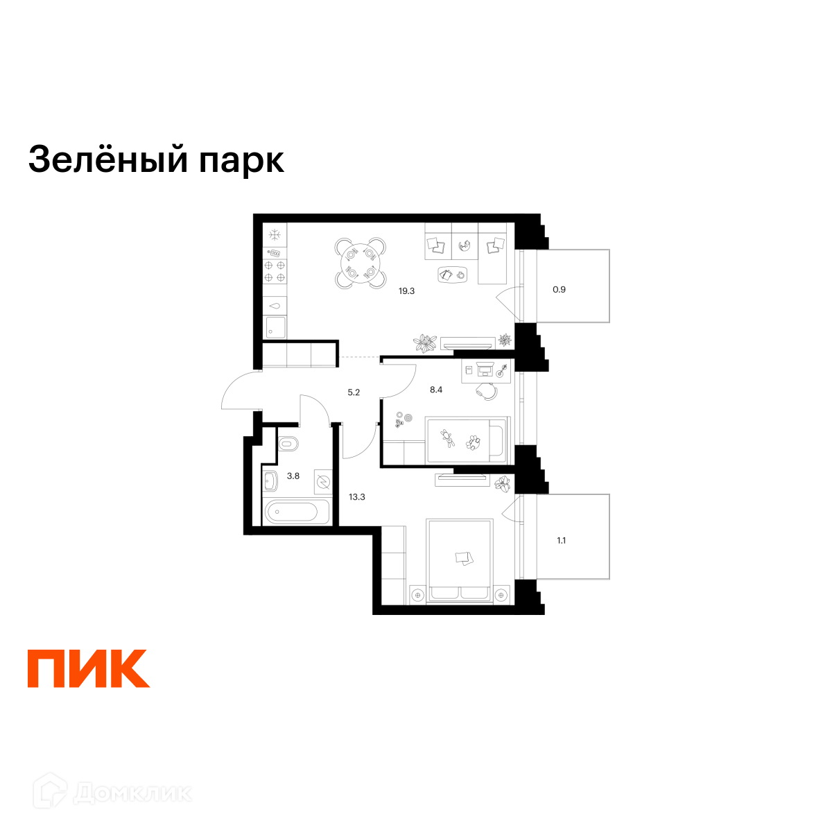 Планировка 2-комн. в ЖК «Зелёный парк»
