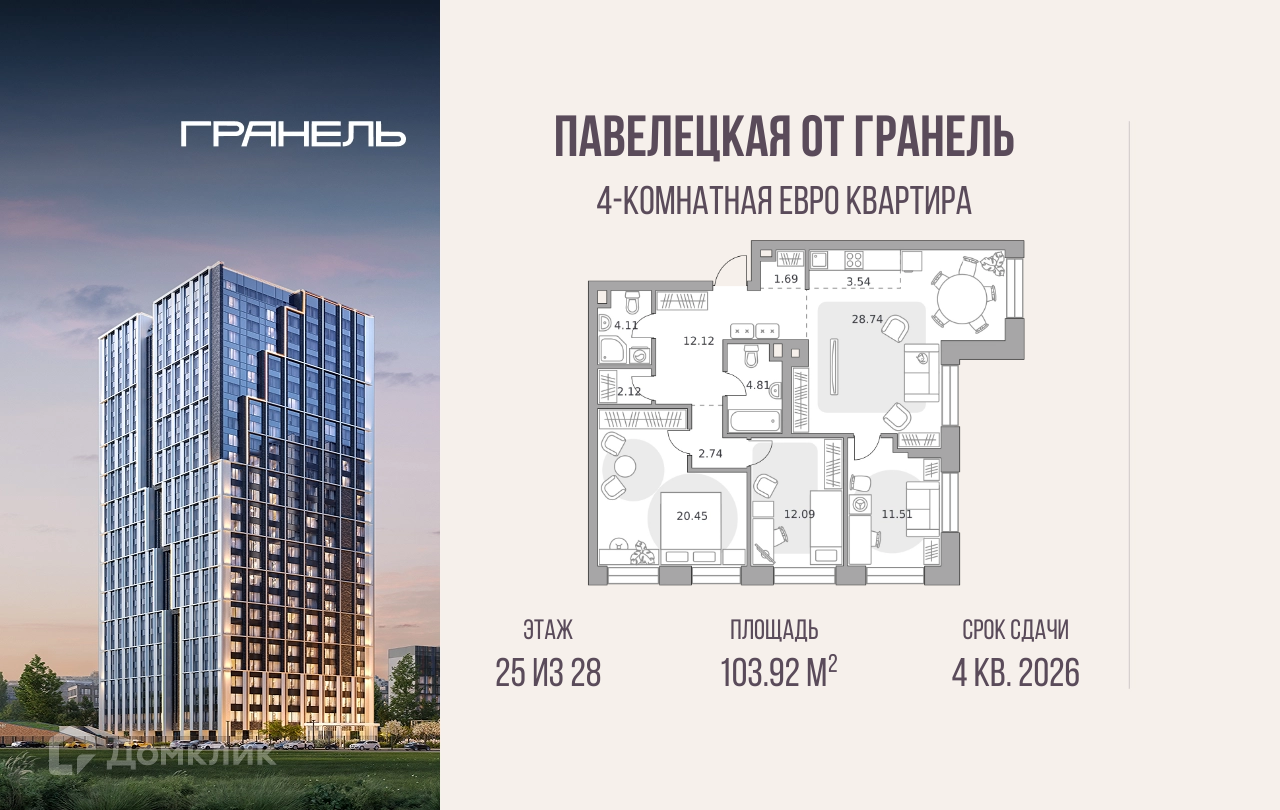 Планировка 4-комн. в ЖК «Павелецкая от Гранель»