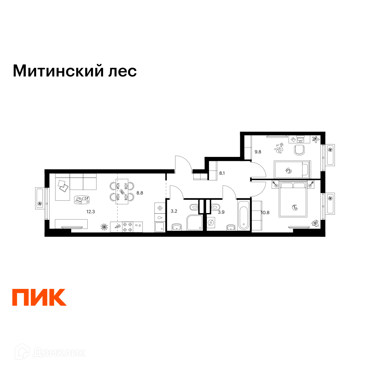 Планировка 3-комн. в ЖК «Митинский лес»