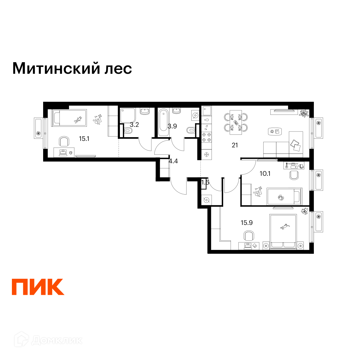 Планировка 3-комн. в ЖК «Митинский лес»