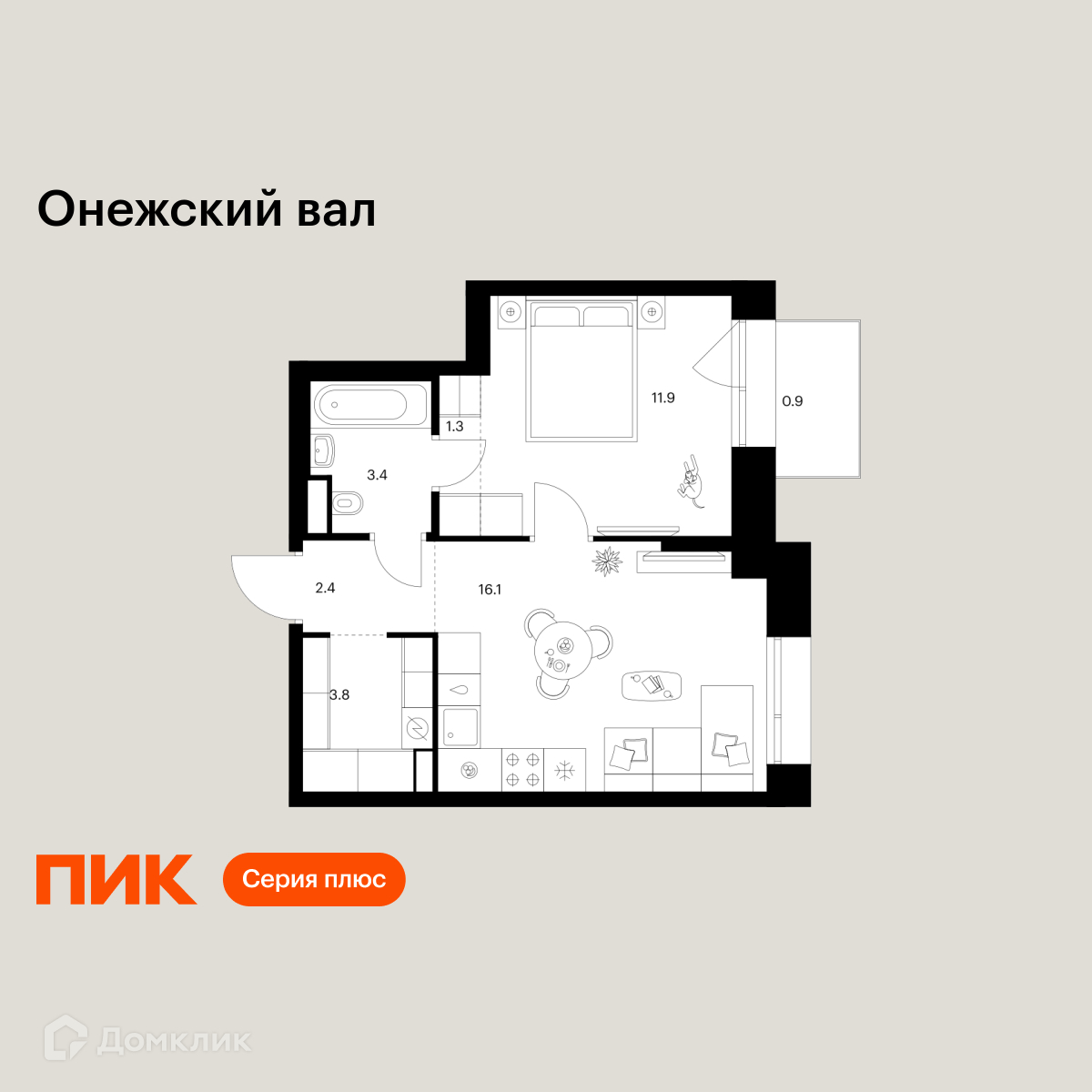 Планировка 1-комн. в ЖК «Онежский вал»