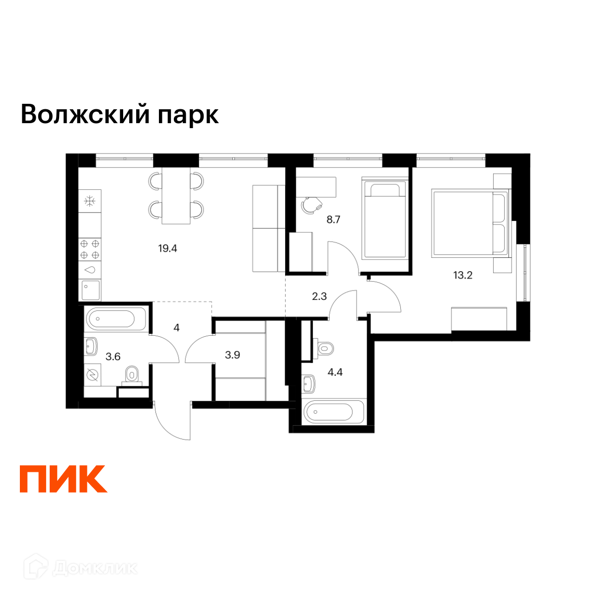 Планировка 2-комн. в ЖК «Волжский парк»
