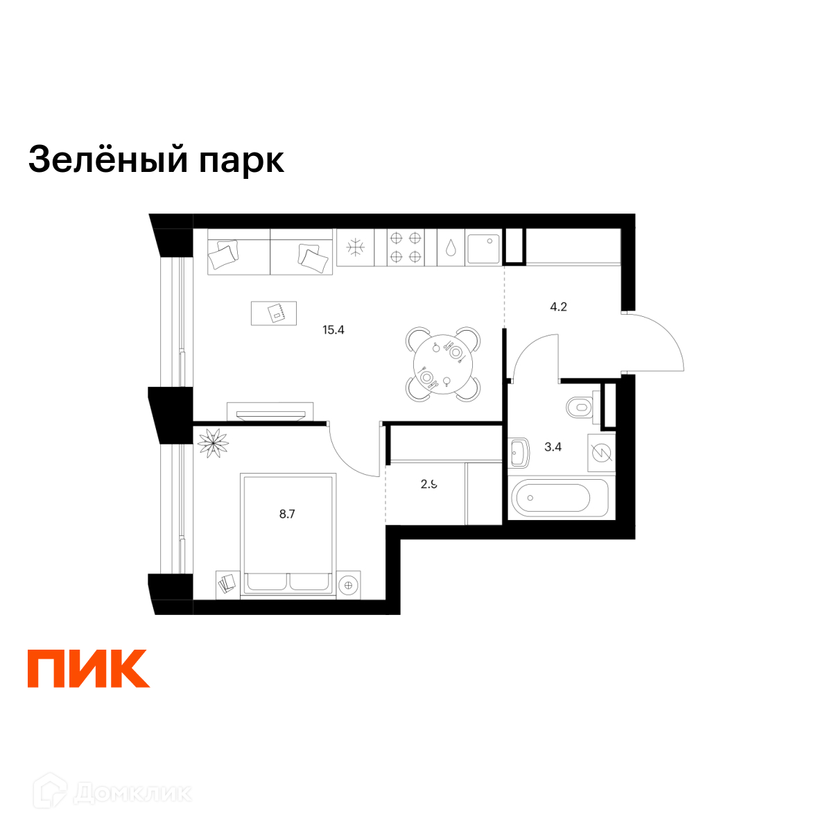 Планировка 1-комн. в ЖК «Зелёный парк»