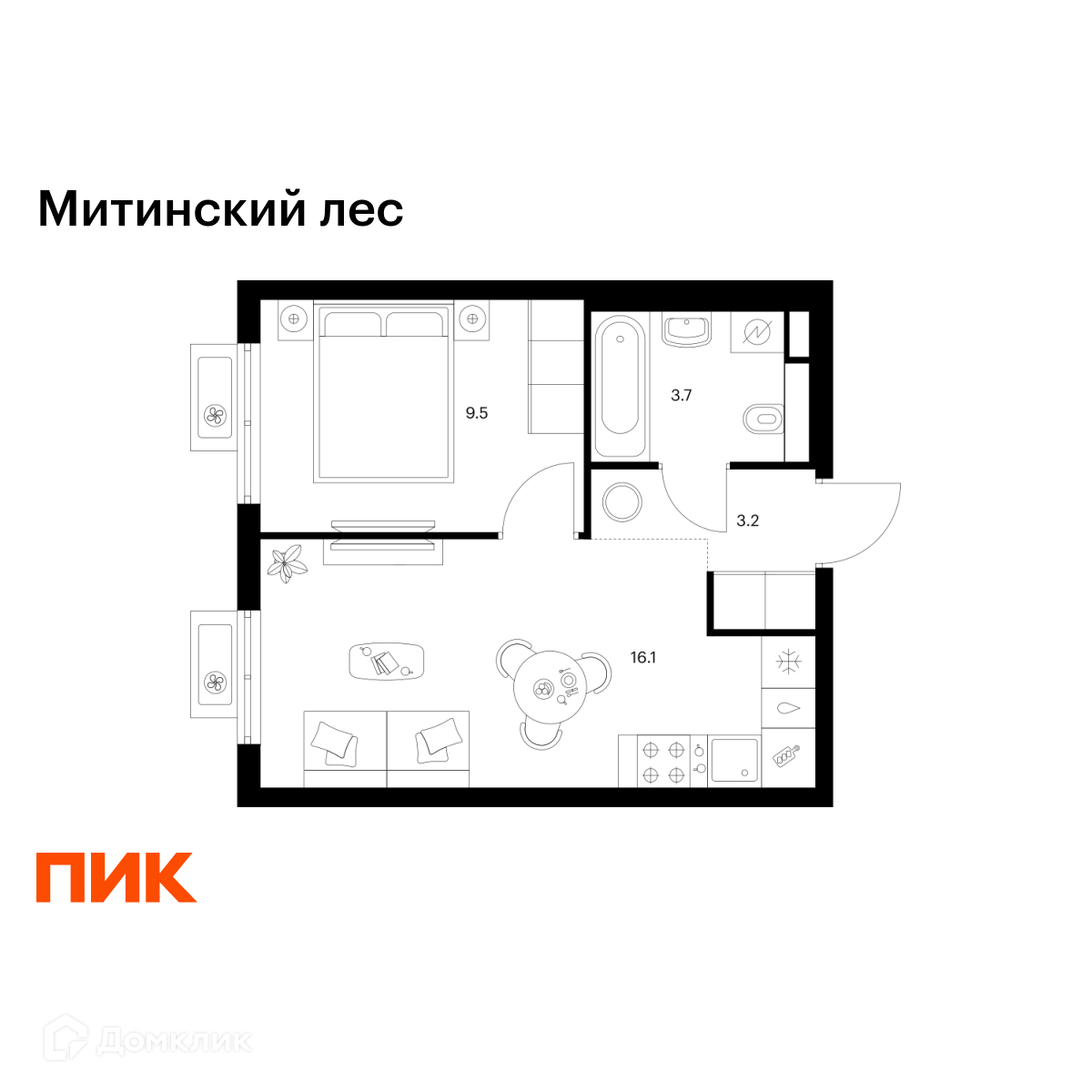 Планировка 1-комн. в ЖК «Митинский лес»