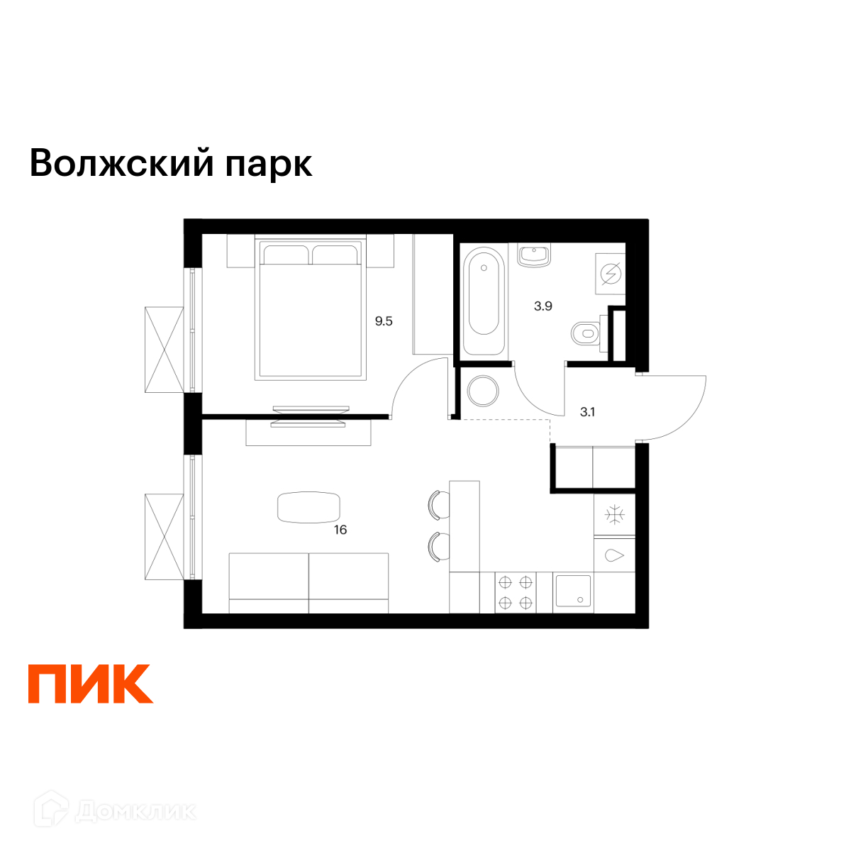 Планировка 1-комн. в ЖК «Волжский парк»