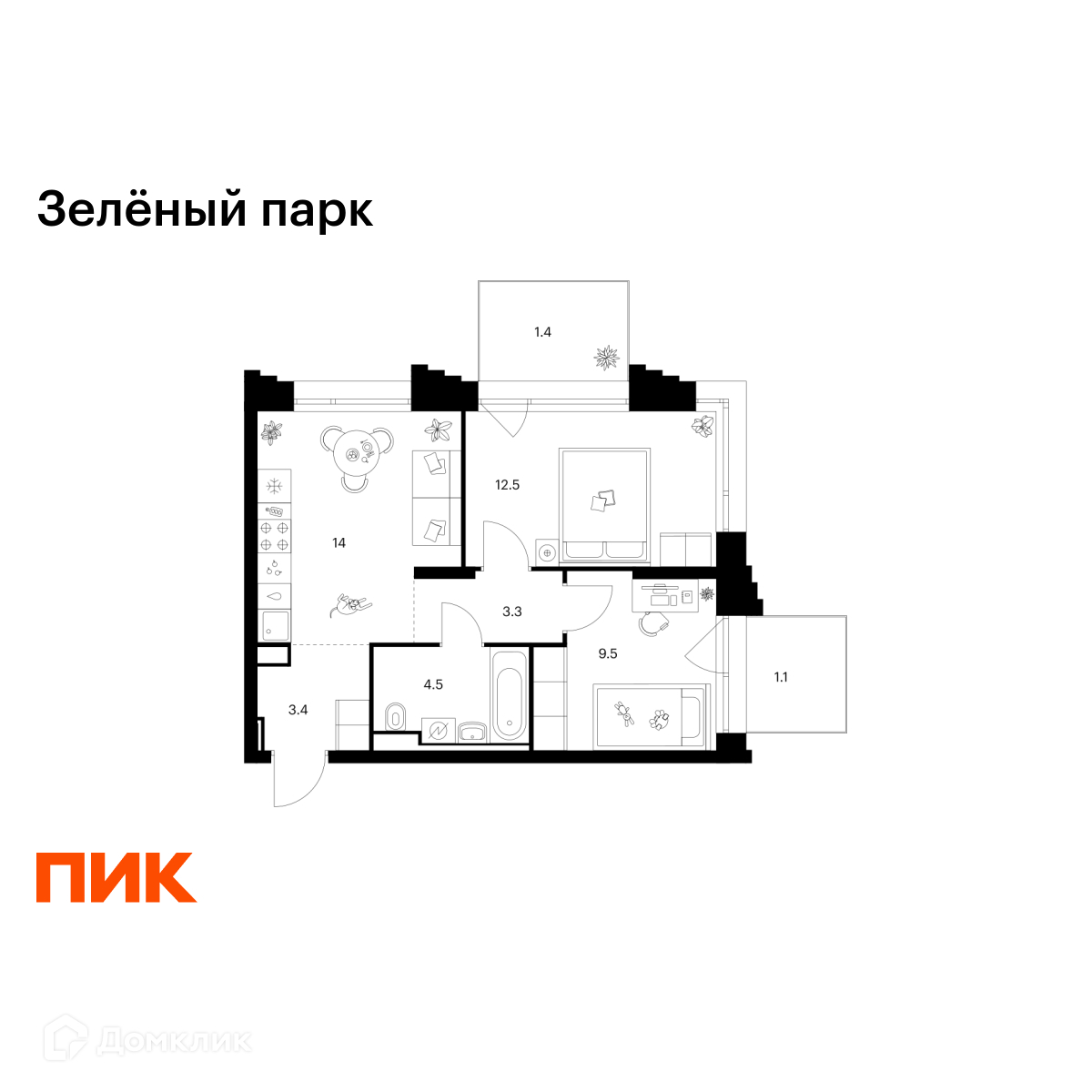 Планировка 2-комн. в ЖК «Зелёный парк»