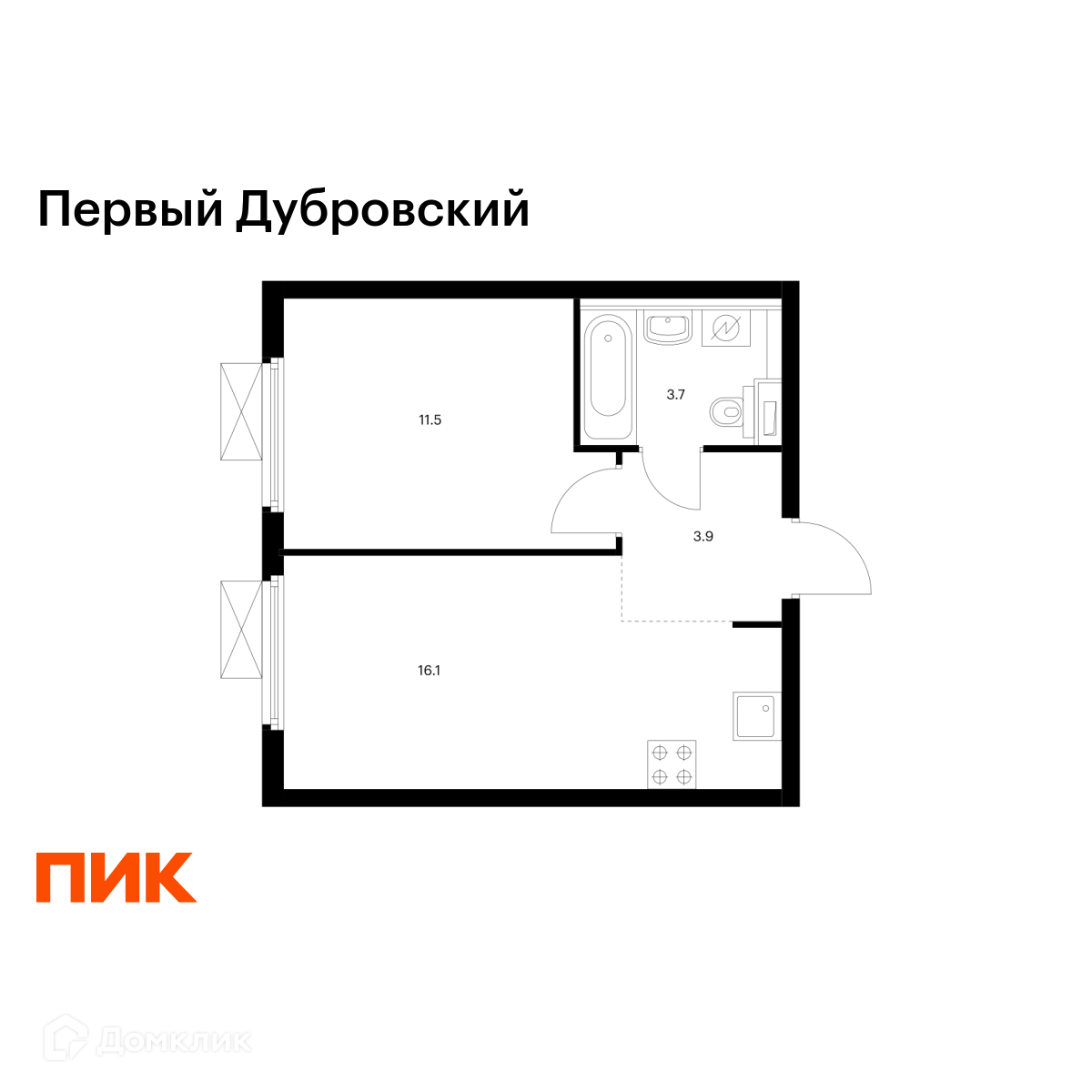 Планировка 1-комн. в ЖК «Первый Дубровский»