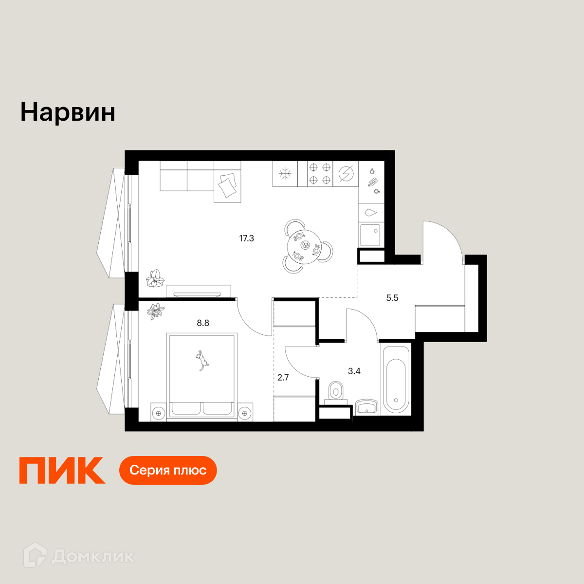 Планировка 1-комн. в ЖК «Нарвин»