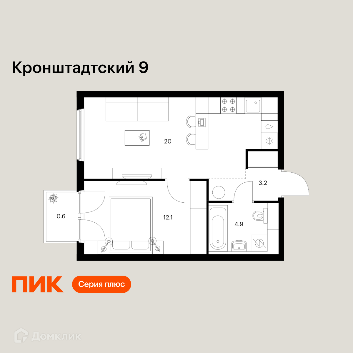 Планировка 1-комн. в ЖК «Кронштадтский 9»