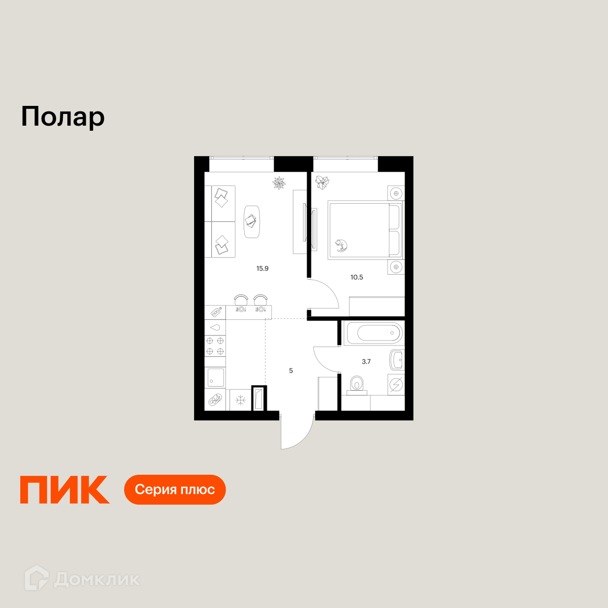 Планировка 1-комн. в ЖК «Полар»