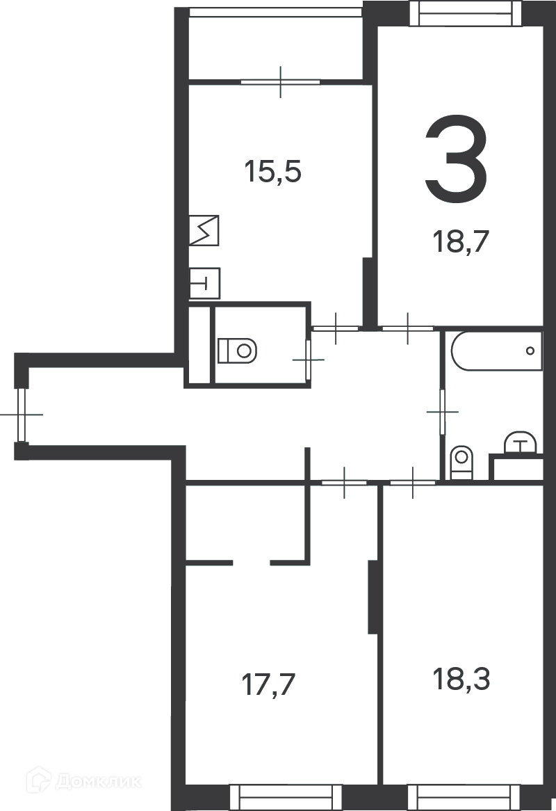 Планировка 3-комн. в ЖК «Клинская ул., д. 2А, к. 7 (Московские кварталы)»