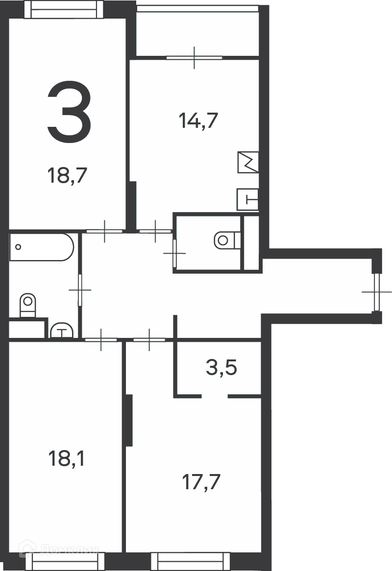 Планировка 3-комн. в ЖК «Клинская ул., д. 2А, к. 7 (Московские кварталы)»