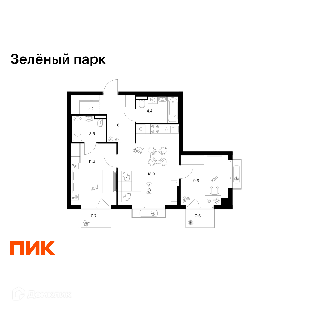 Планировка 2-комн. в ЖК «Зелёный парк»