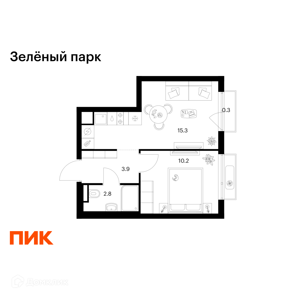 Планировка 1-комн. в ЖК «Зелёный парк»