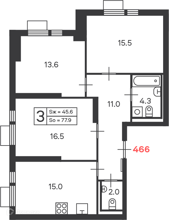 Планировка 3-комн. в ЖК «Дмитровское шоссе 89 (Московские кварталы)»