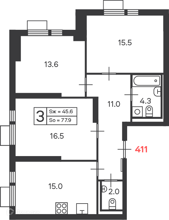 Планировка 3-комн. в ЖК «Дмитровское шоссе 89 (Московские кварталы)»