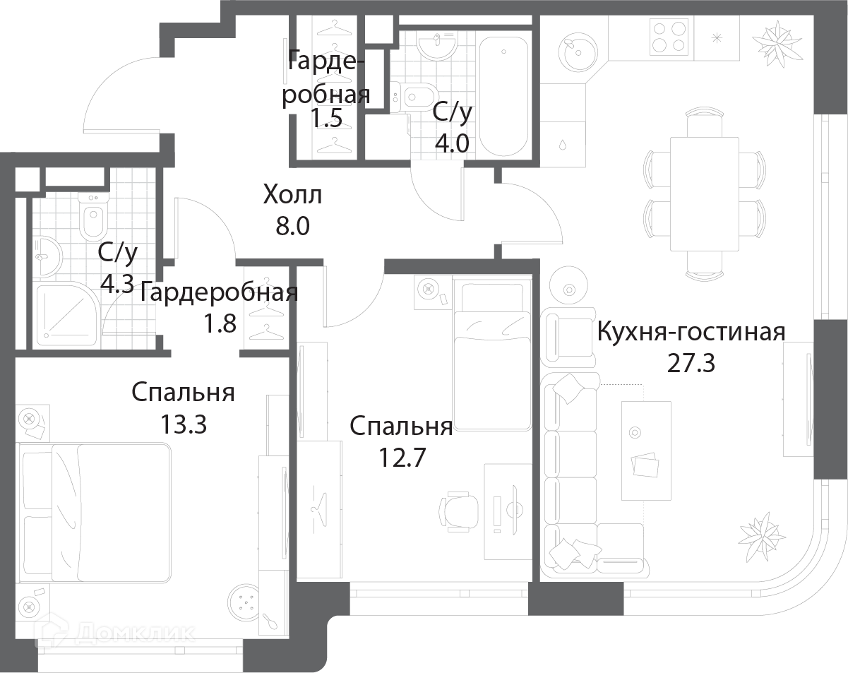 Планировка 2-комн. в ЖК «Нагатино Ай-Лэнд»