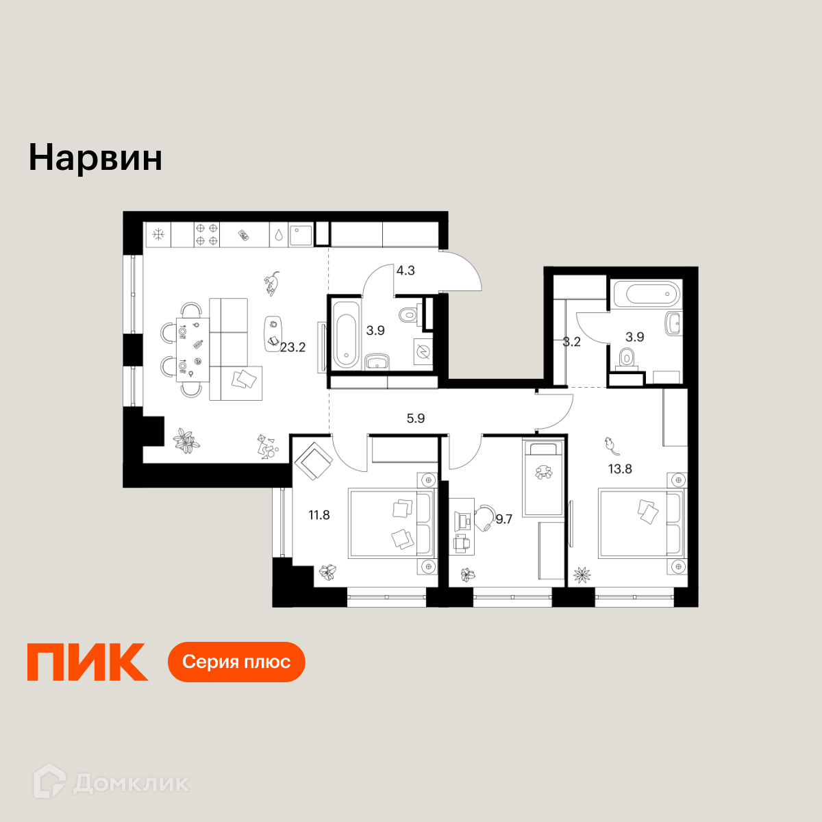 Планировка 3-комн. в ЖК «Нарвин»