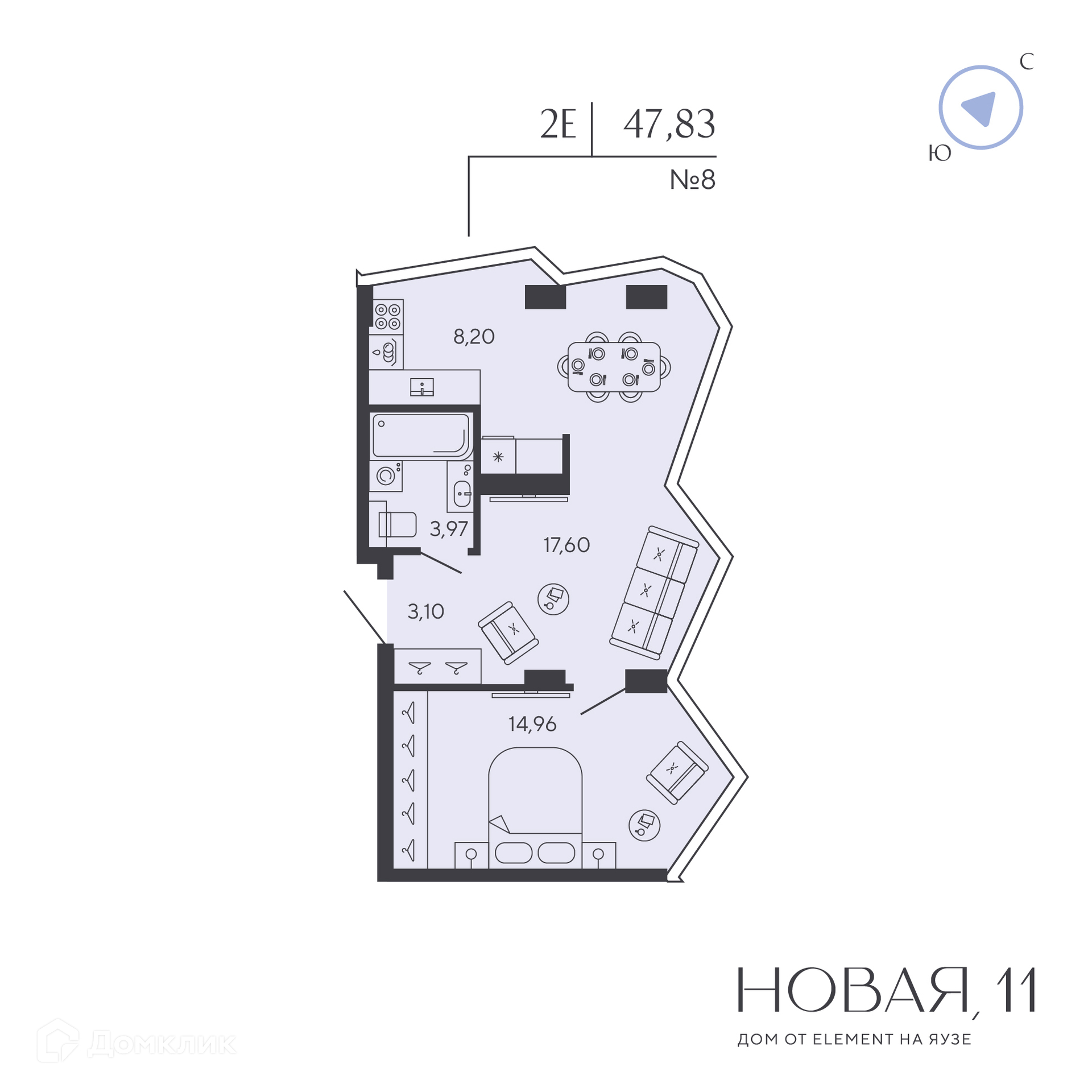 Планировка 1-комн. в ЖК «Новая, 11»