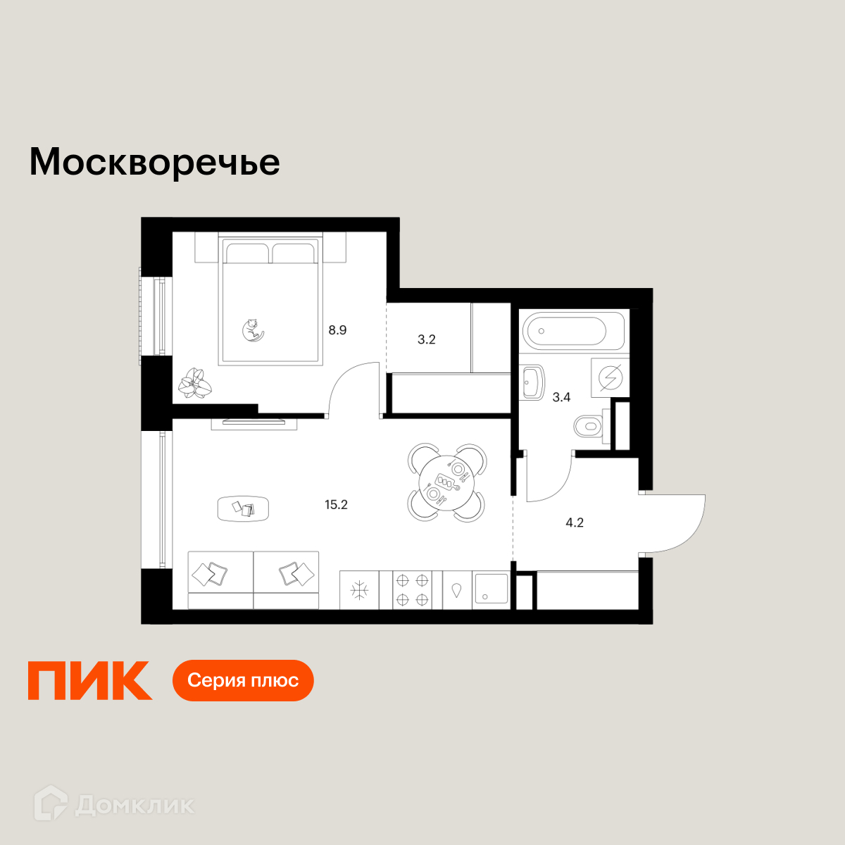 Планировка 1-комн. в ЖК «Москворечье»