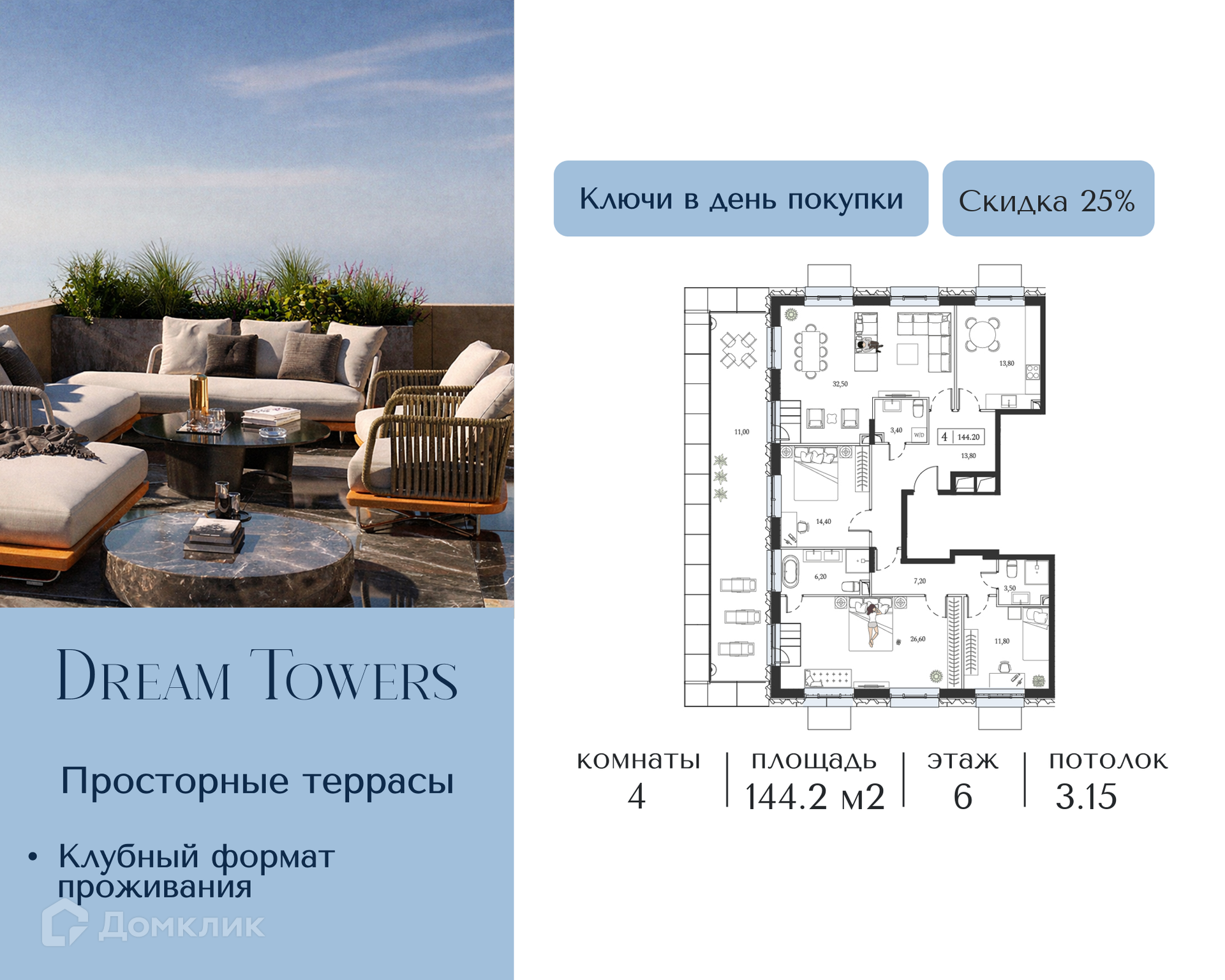 Планировка 4-комн. в ЖК «Дрим Тауэрс»