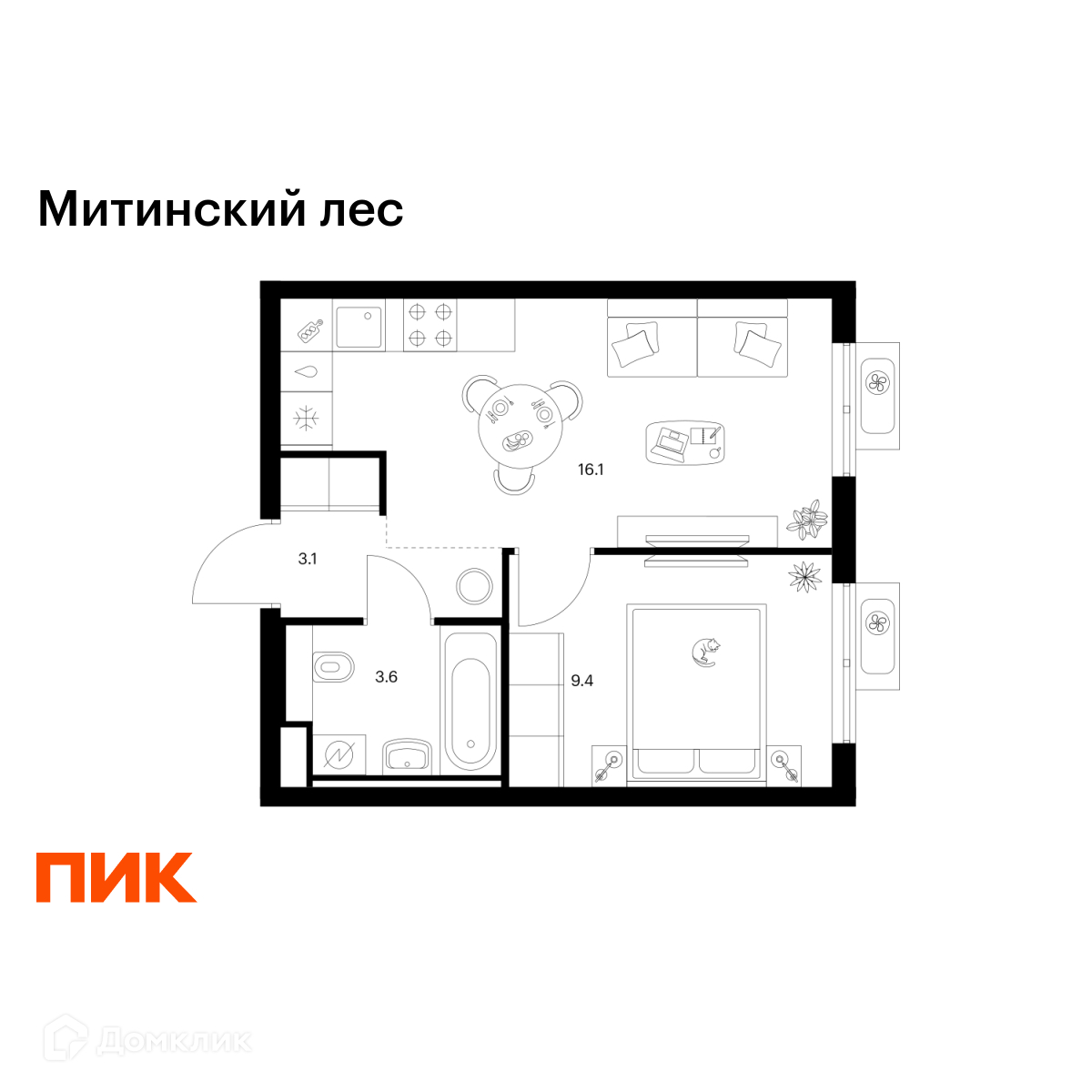 Планировка 1-комн. в ЖК «Митинский лес»