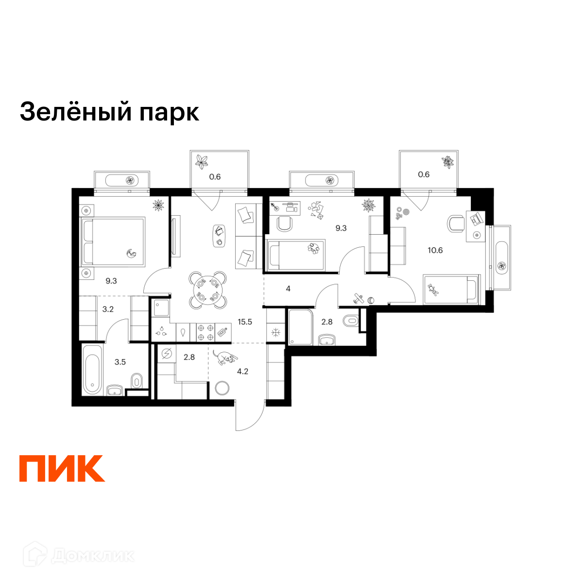 Планировка 3-комн. в ЖК «Зелёный парк»