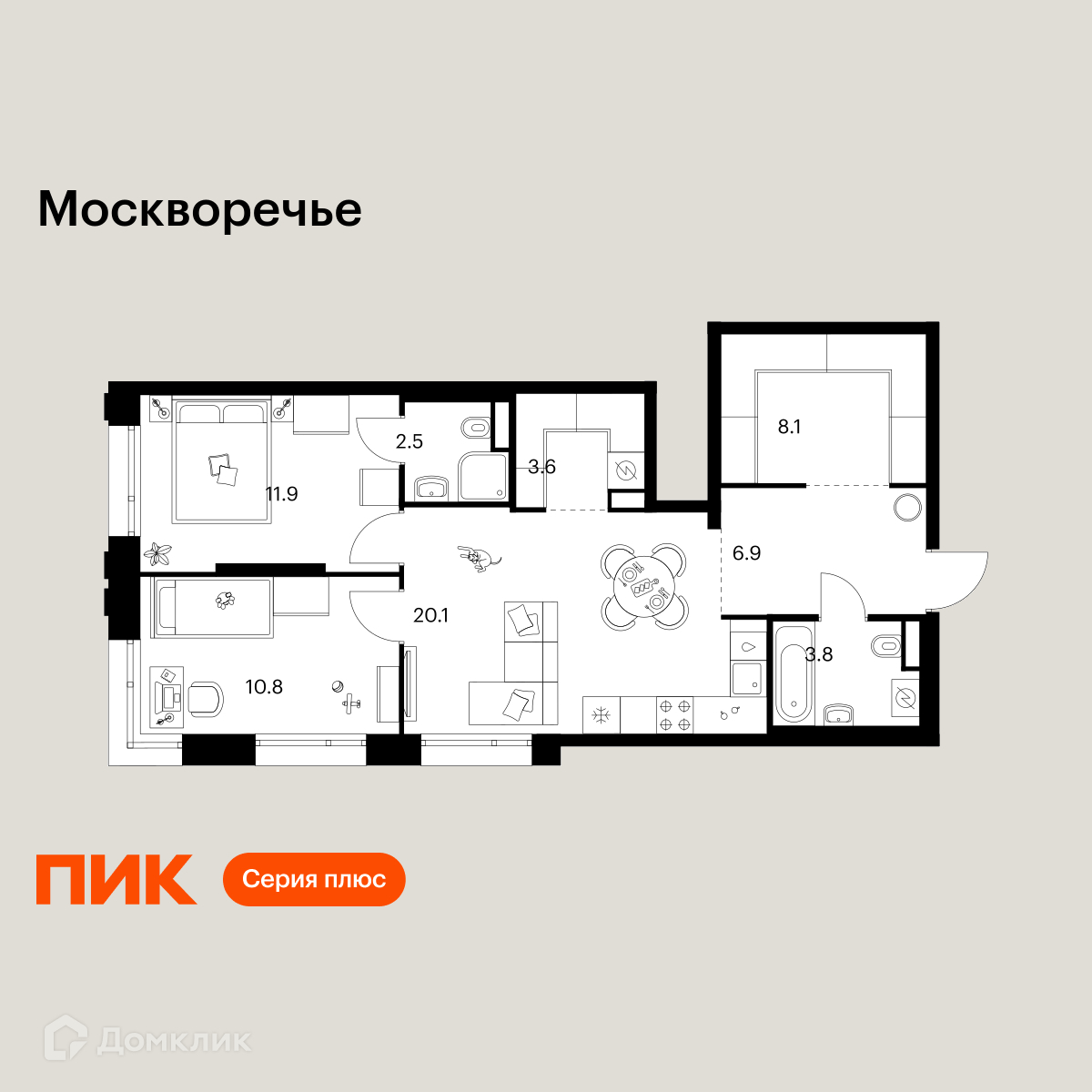 Планировка 2-комн. в ЖК «Москворечье»