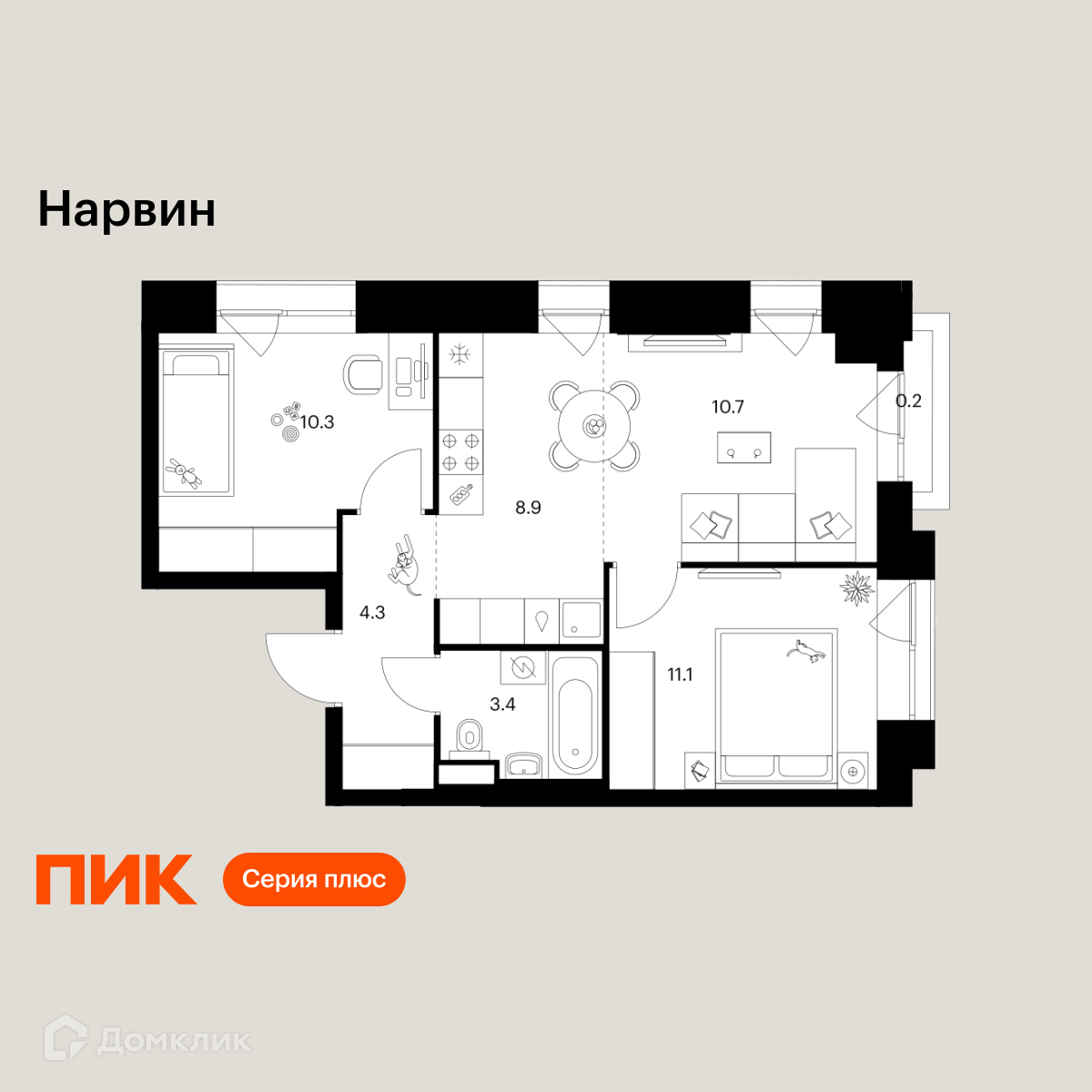 Планировка 3-комн. в ЖК «Нарвин»