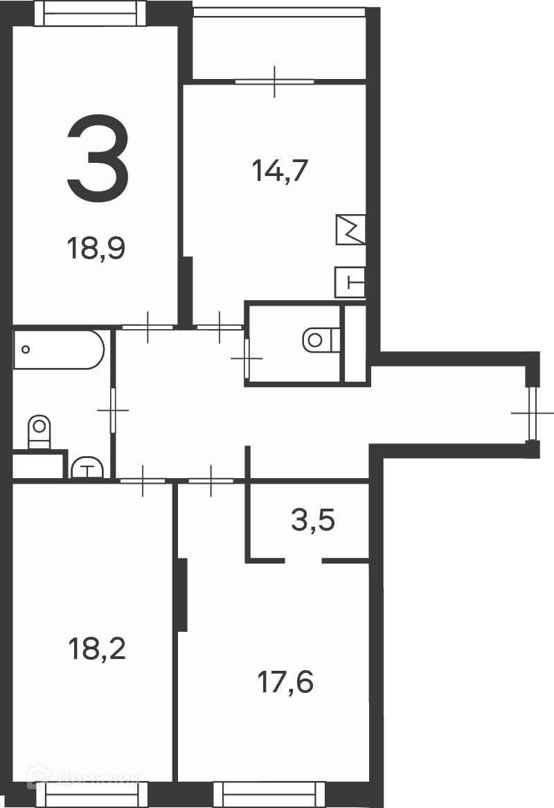 Планировка 3-комн. в ЖК «Клинская ул., д. 2А, к. 7 (Московские кварталы)»
