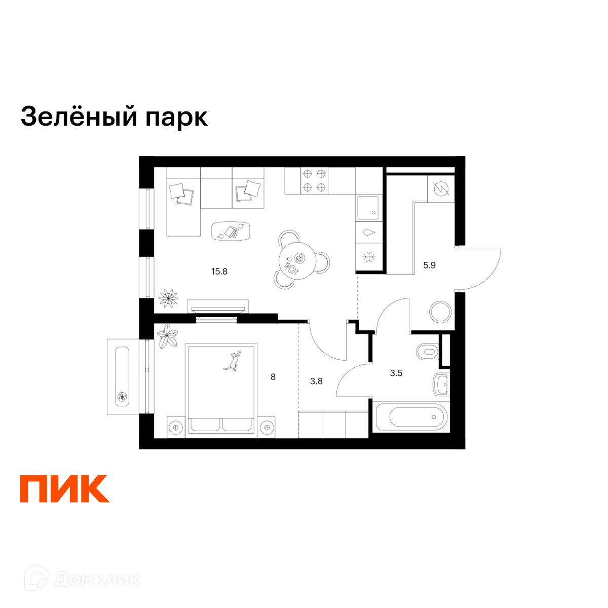 Планировка 1-комн. в ЖК «Зелёный парк»