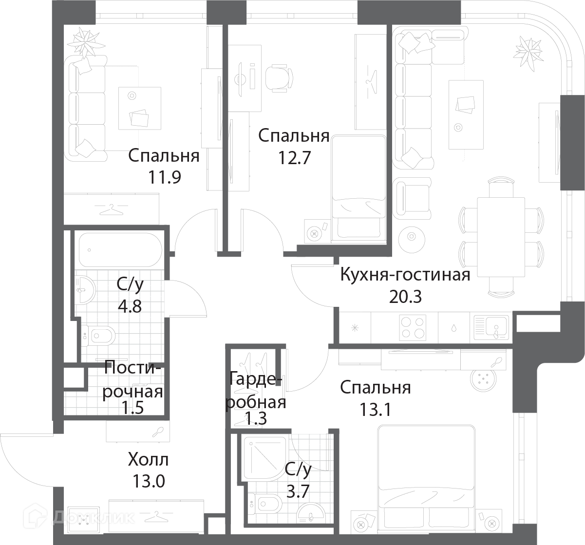 Планировка 3-комн. в ЖК «Нагатино Ай-Лэнд»