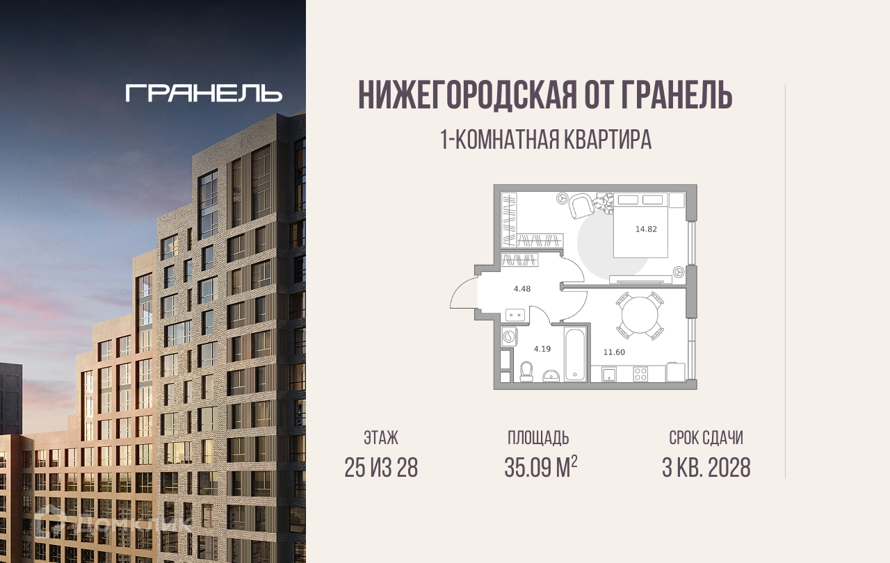Планировка 1-комн. в ЖК «Нижегородская от Гранель»