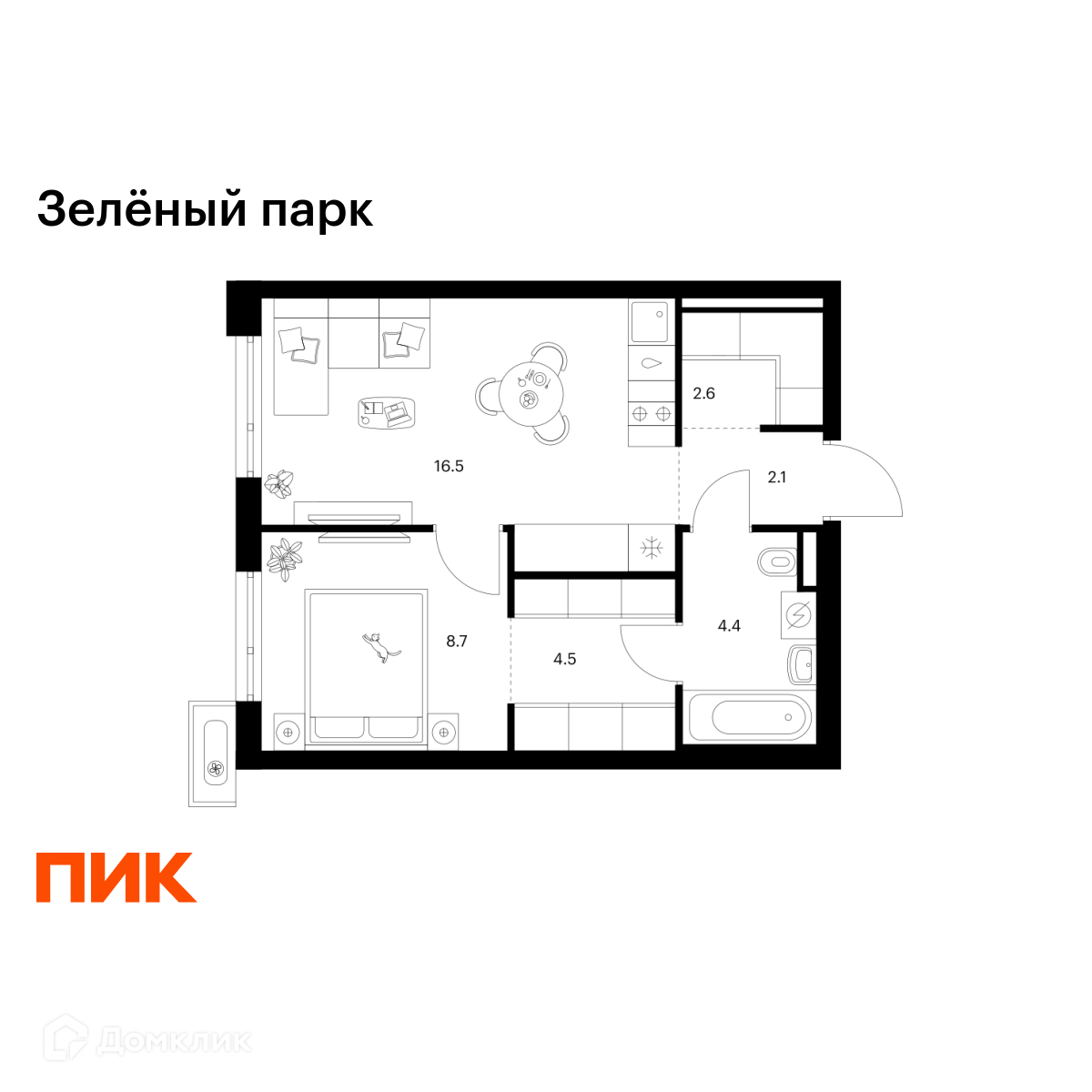 Планировка 1-комн. в ЖК «Зелёный парк»