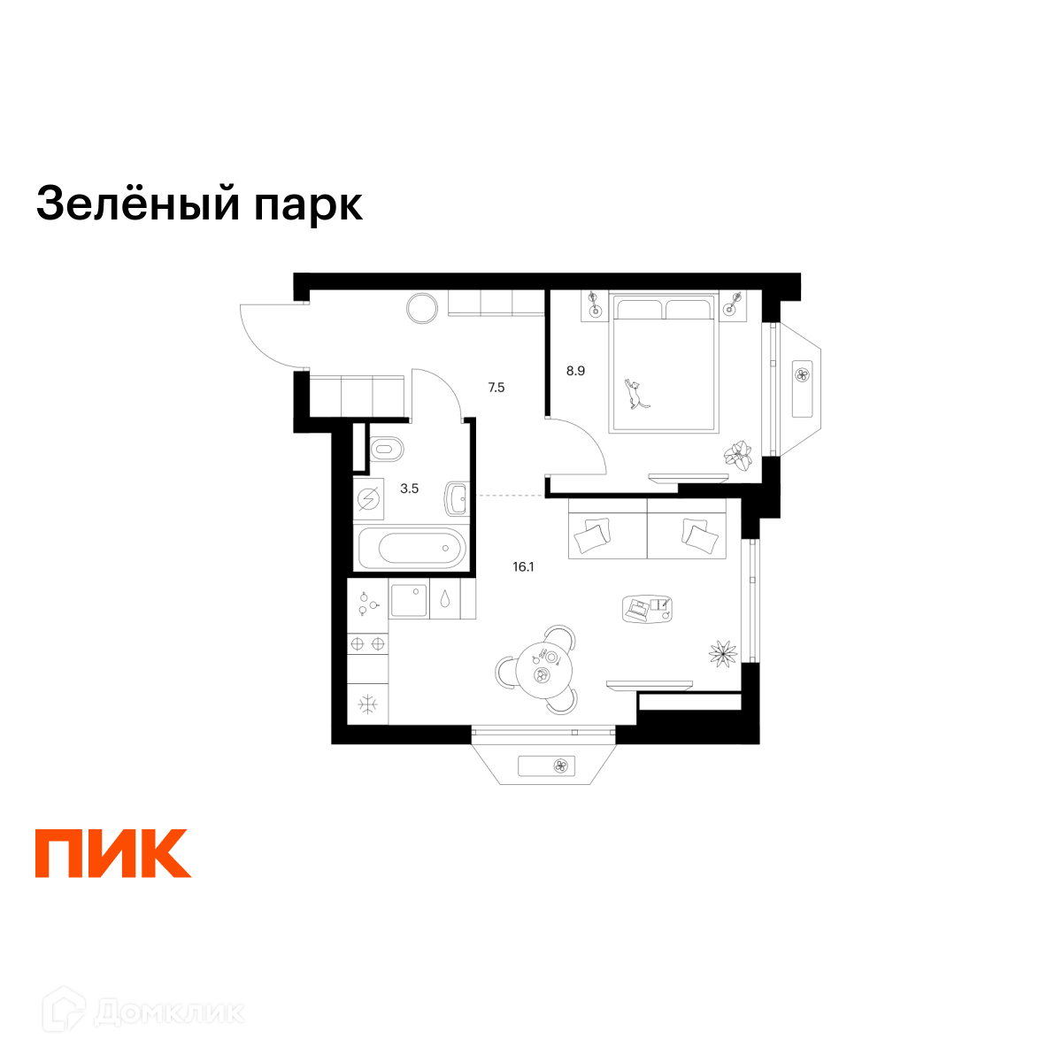 Планировка 1-комн. в ЖК «Зелёный парк»