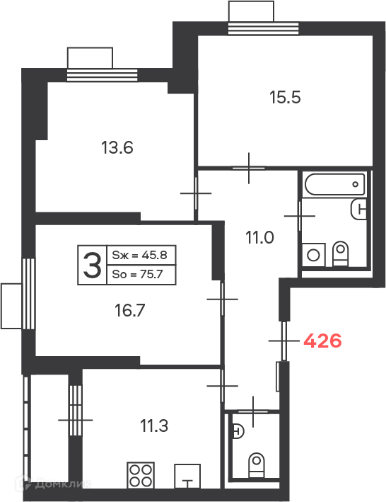 Планировка 3-комн. в ЖК «Дмитровское шоссе 89 (Московские кварталы)»
