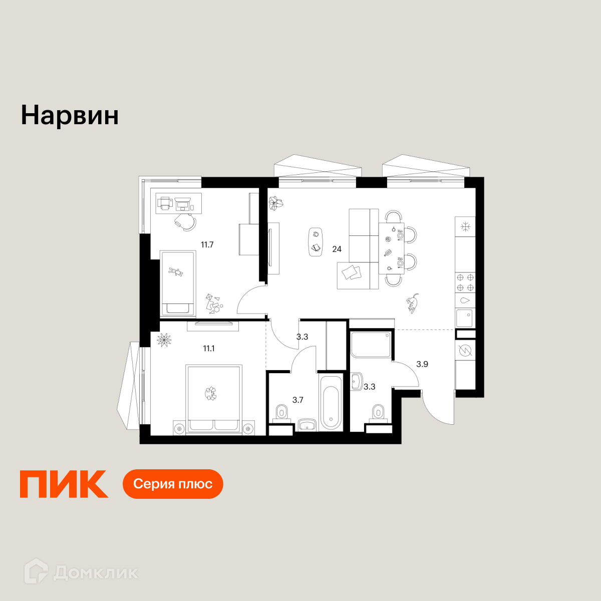 Планировка 2-комн. в ЖК «Нарвин»