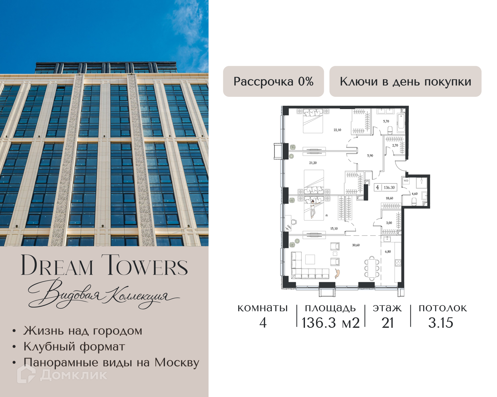 Планировка 4-комн. в ЖК «Дрим Тауэрс»
