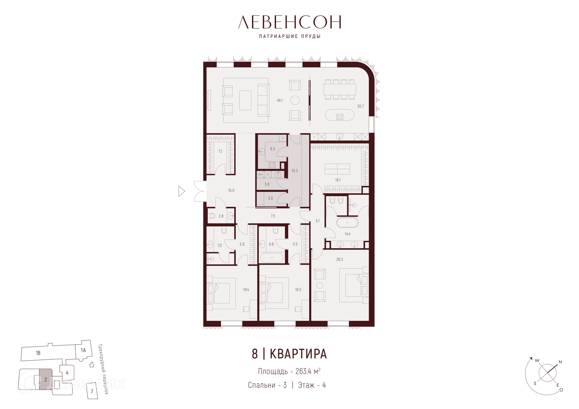 Планировка 3-комн. в ЖК «Левенсон»