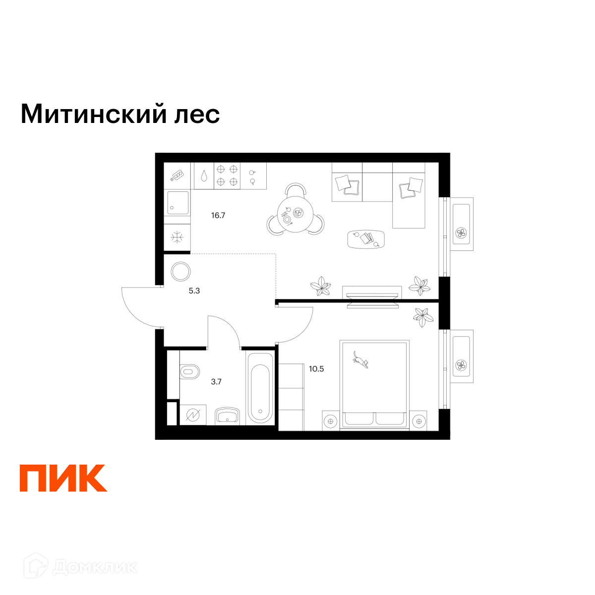 Планировка 1-комн. в ЖК «Митинский лес»
