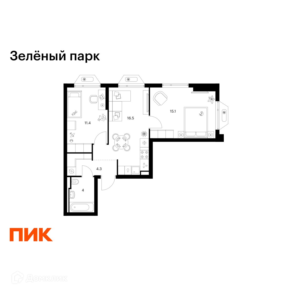 Планировка 2-комн. в ЖК «Зелёный парк»